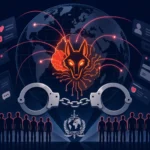 Abstract illustration of cybercrime and law enforcement with handcuffs and a globe.