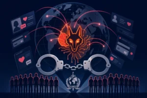 Abstract illustration of cybercrime and law enforcement with handcuffs and a globe.