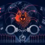 Глобус с символом волка и наручниками, символизирующий киберпреступность.