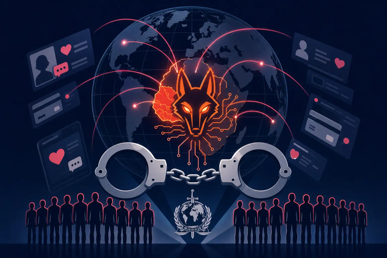 Cadenas y un lobo digital se conectan al mundo y la cibercriminalidad.