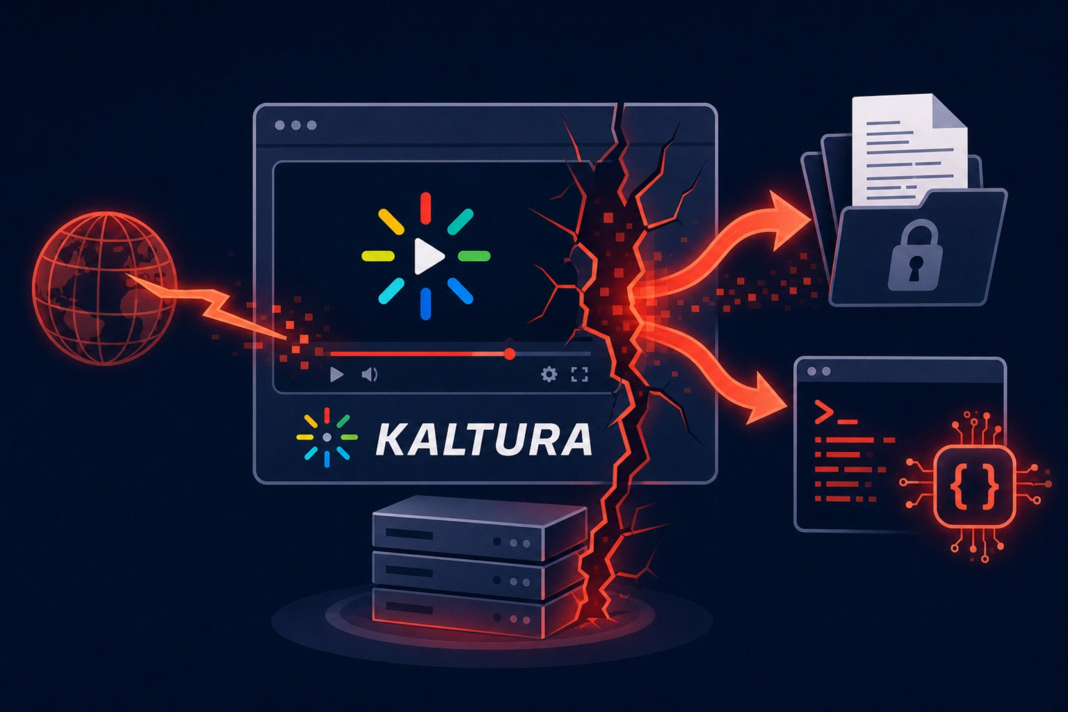 Kaltura player illustration depicting data theft and RCE vulnerabilities.