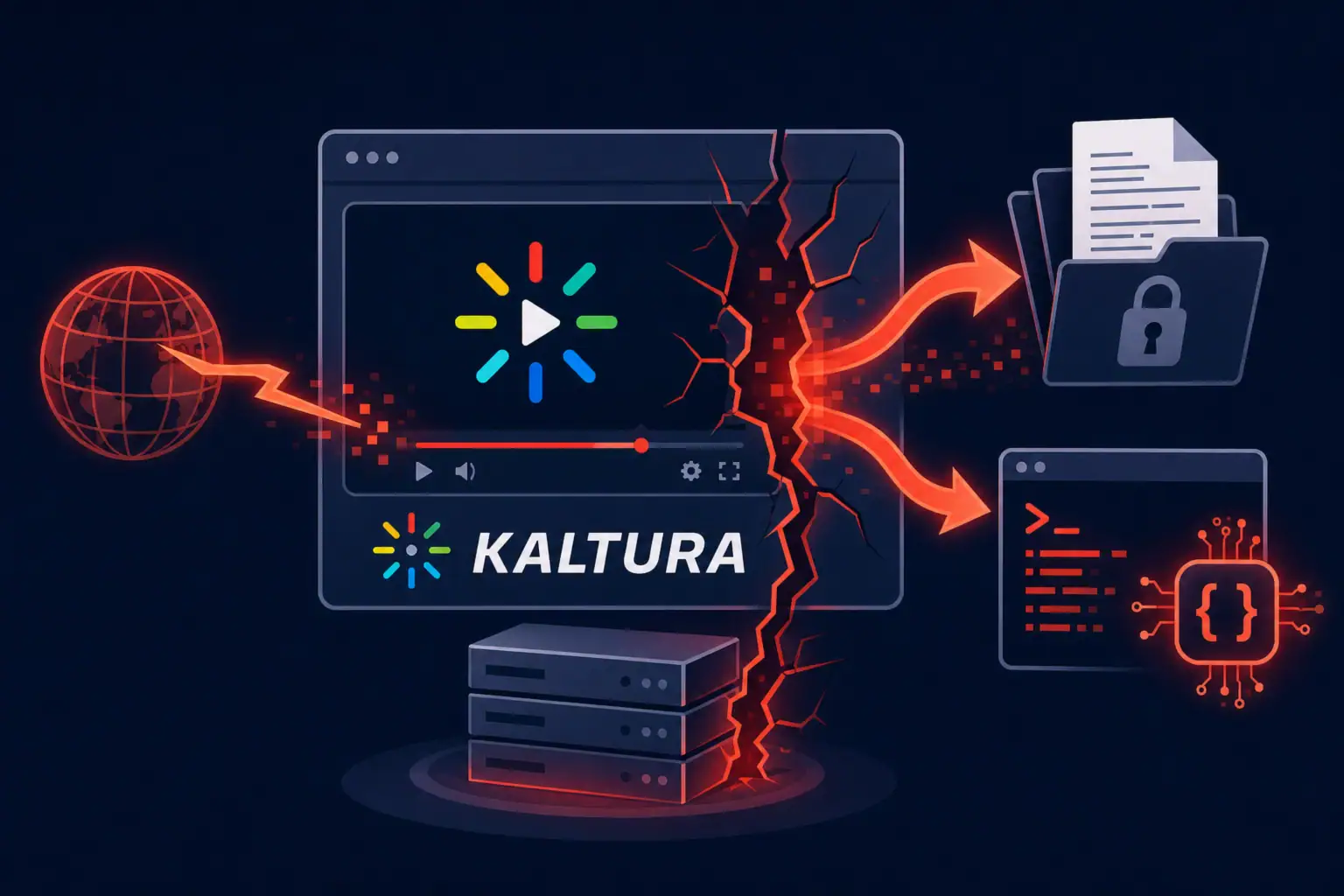 Kaltura-Logo mit Cyberangriff-Symbole und Datenstehlungen im Hintergrund.