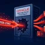 Illustration of a broken Oracle server with CVE-2026-21962 highlighted.