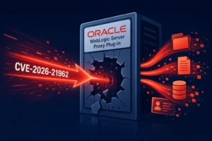 Illustration of a broken Oracle server with CVE-2026-21962 highlighted.