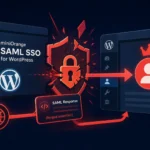Логотипы miniOrange и WordPress с защитным щитом и уязвимостями SAML SSO.