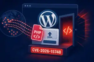 Flaw alert visual sobre CVE-2026-15748 relacionado con WordPress.