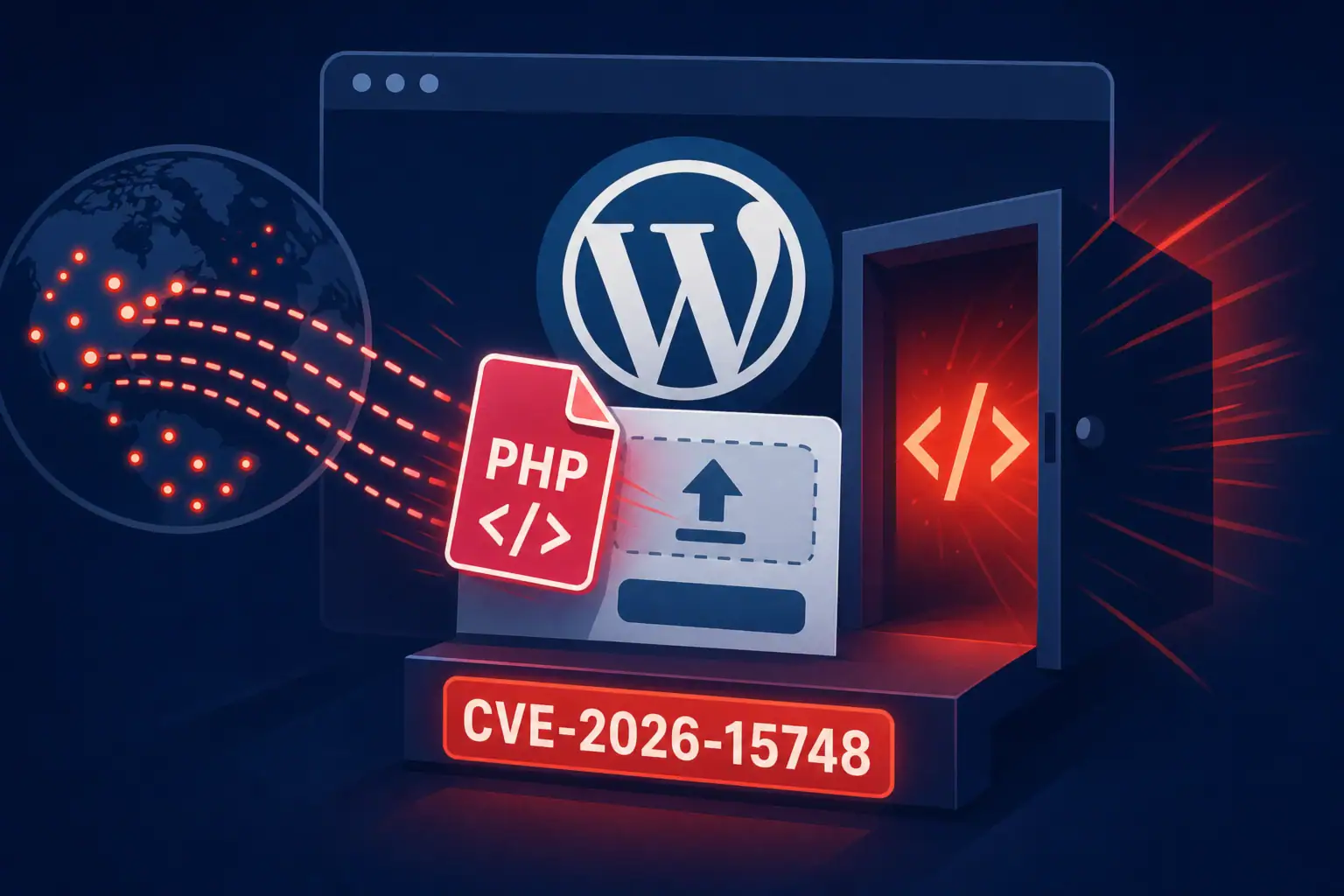 Логотип WordPress и текстовый файл PHP, связанный с уязвимостью CVE-2026-15748.
