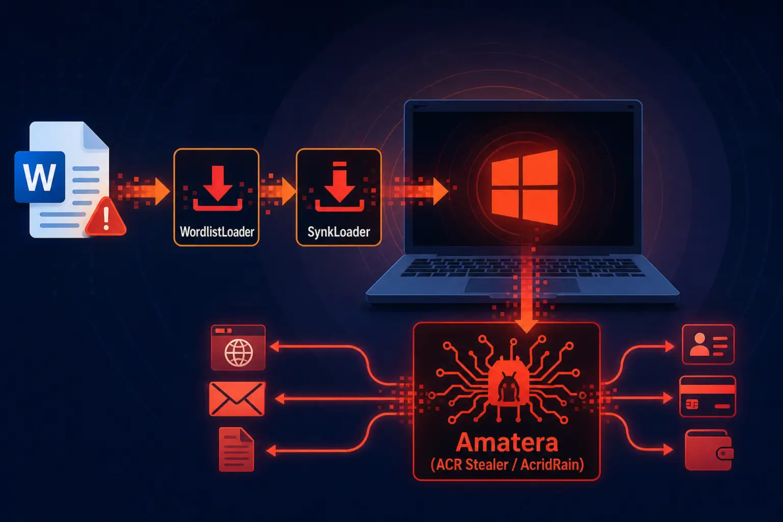 Модель процесса заражения Windows через Word с использованием WordlistLoader и SynkLoader.