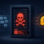 Visual representation of a cybersecurity incident with bots and a server.