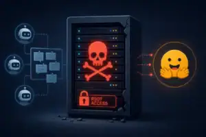 Grafische Darstellung eines Serverraums mit Krise, Skullsymbol und Robotern.