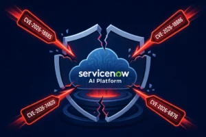 ServiceNow AI Platform with highlighted critical CVEs on a dark background.