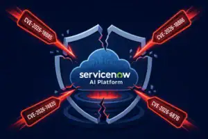 Grafik zur ServiceNow AI Platform mit kritischen CVEs in einem Schutzschild.