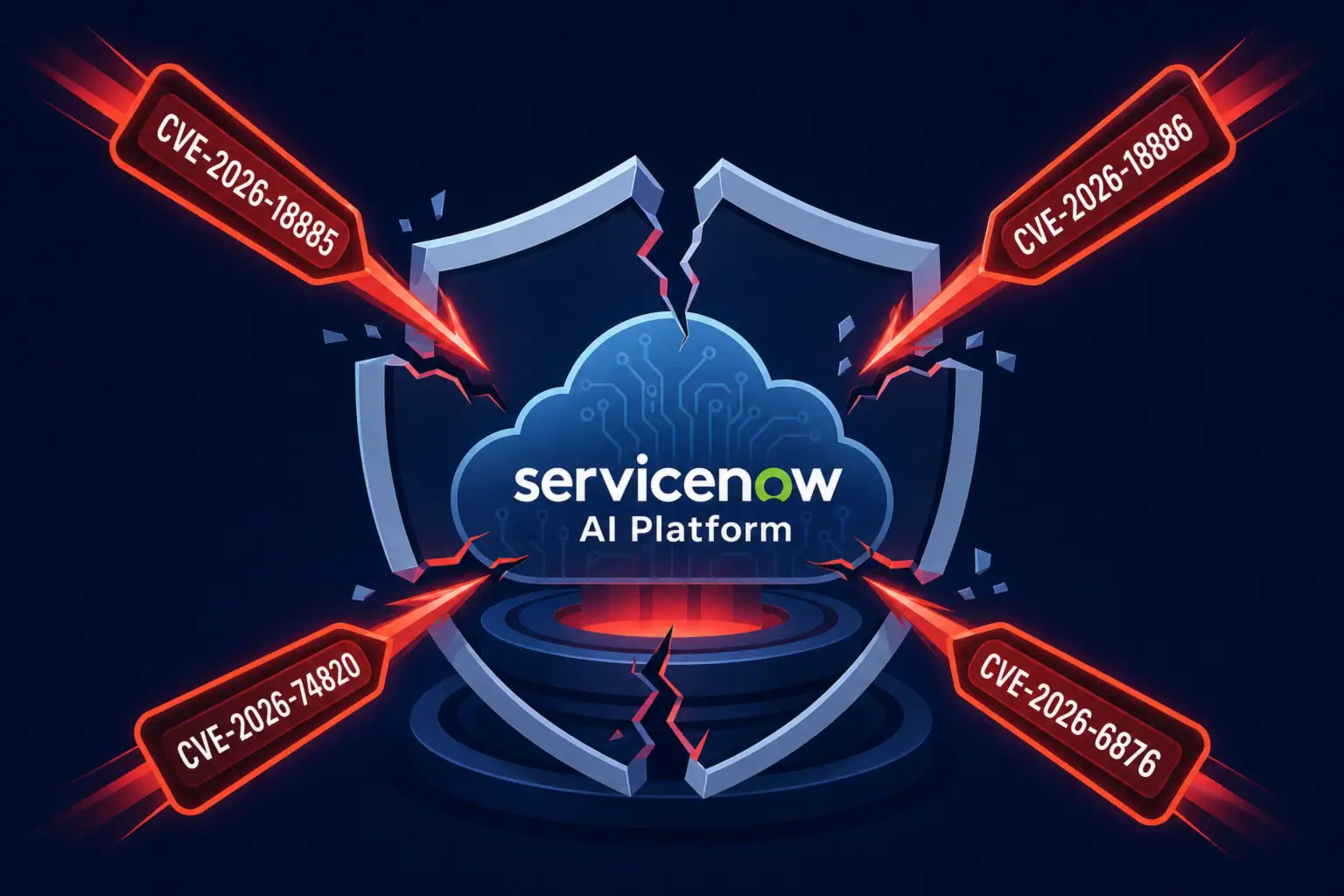 Логотип ServiceNow с упоминанием критических CVE и щитом для защиты данных.