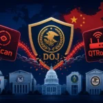 DOJ emblem with QScan and QTRouter icons against a dark background.