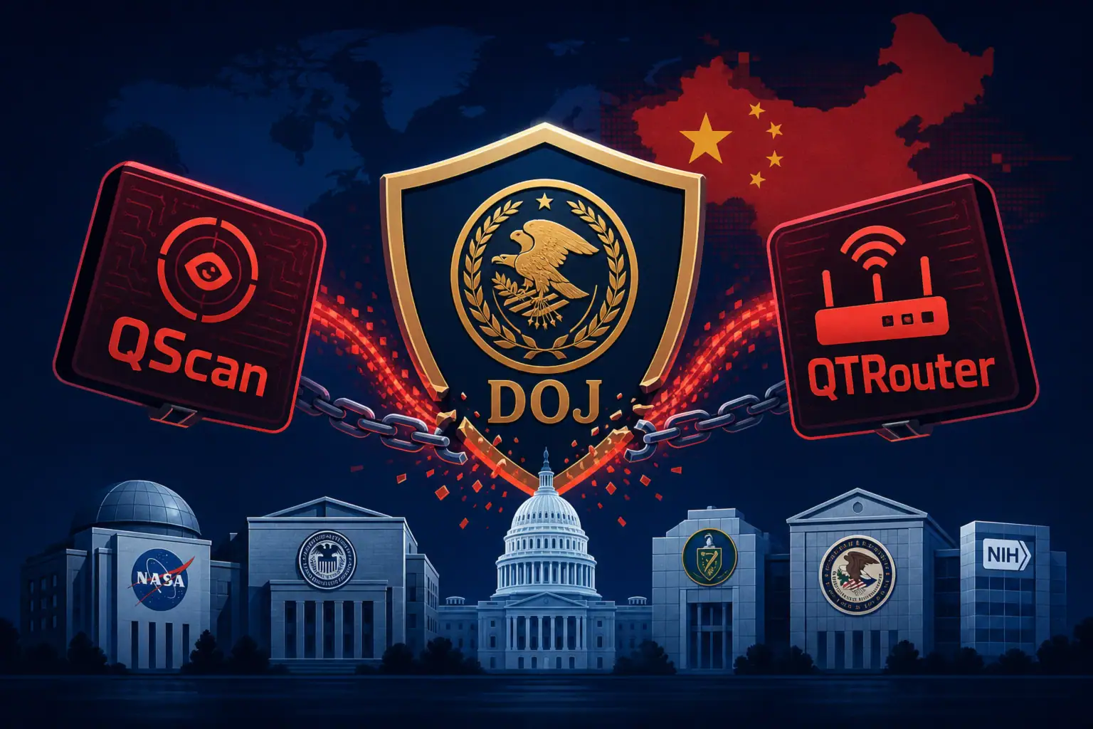 Логотип DOJ с символами QScan и QTRouter на фоне зданий правительственных структур.
