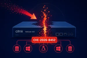 ** Illustration showing Citrix NetScaler ADC with CVE-2026-8452 vulnerability highlighted.