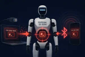 Unitree G1 EDU robot with network and Bluetooth connection vulnerabilities shown.