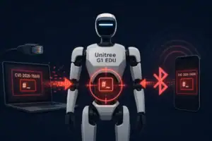 Robot Unitree G1 EDU mostrando vulnerabilidades de red y BLE.
