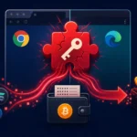 Malicious extensions symbolized by a puzzle piece and cryptocurrency icons.