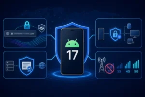 Android 17 smartphone surrounded by icons representing network security features.