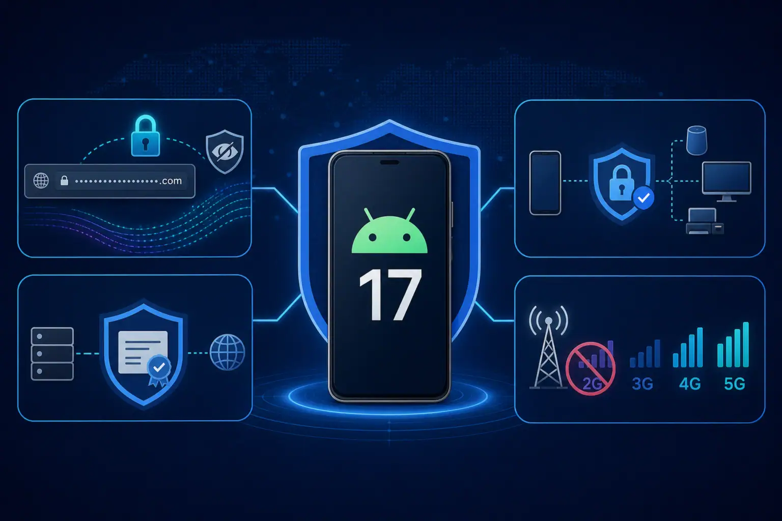 Смартфон с логотипом Android 17 на фоне защиты сетевой безопасности.
