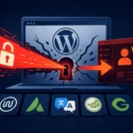 ** WordPress logo with a security breach visualizing plugin vulnerabilities.