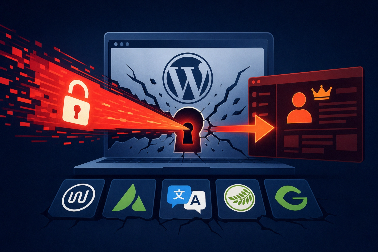 ** WordPress logo with a security breach visualizing plugin vulnerabilities.