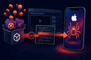 Visual representation of iOS spyware delivery via Composer packages.