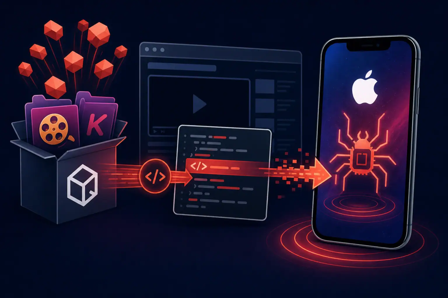 Gráficos de software malicioso y un dispositivo iOS en un fondo oscuro.