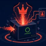 Cybersecurity breach visualization with cracked server and glowing elements.