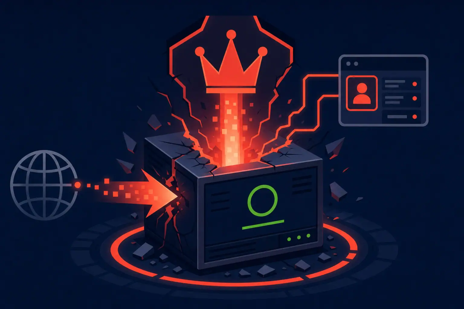Caja negra con efectos de explosión y conexiones digitales en fondo oscuro.