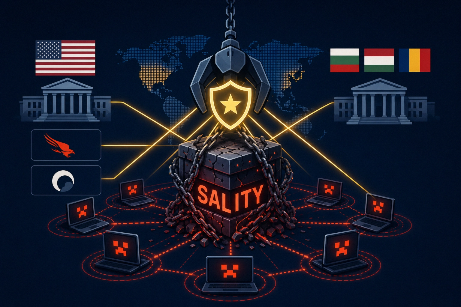Visual representation of the Sality botnet takedown with flags and computers.