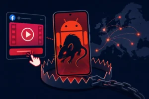 Android phone displays a banking trojan concept with Meta ads and a mouse trap.