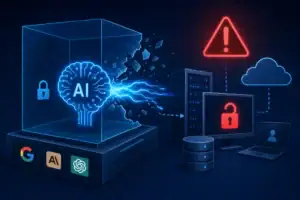 AI brain breaking free from a glass enclosure amid cybersecurity elements.