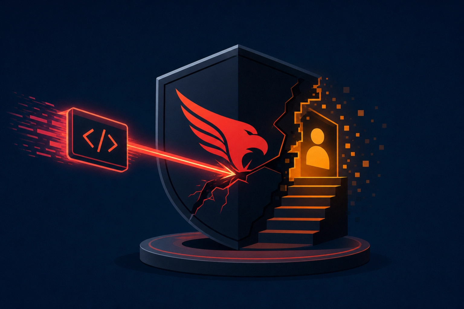 Digital art of a shield with a stylized eagle and data breach concept.