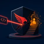 Логотип CrowdStrike з червоним орлом, що розбиває щит та відкриває двері.