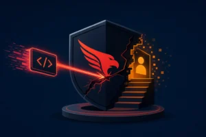 Логотип CrowdStrike з червоним орлом, що розбиває щит та відкриває двері.