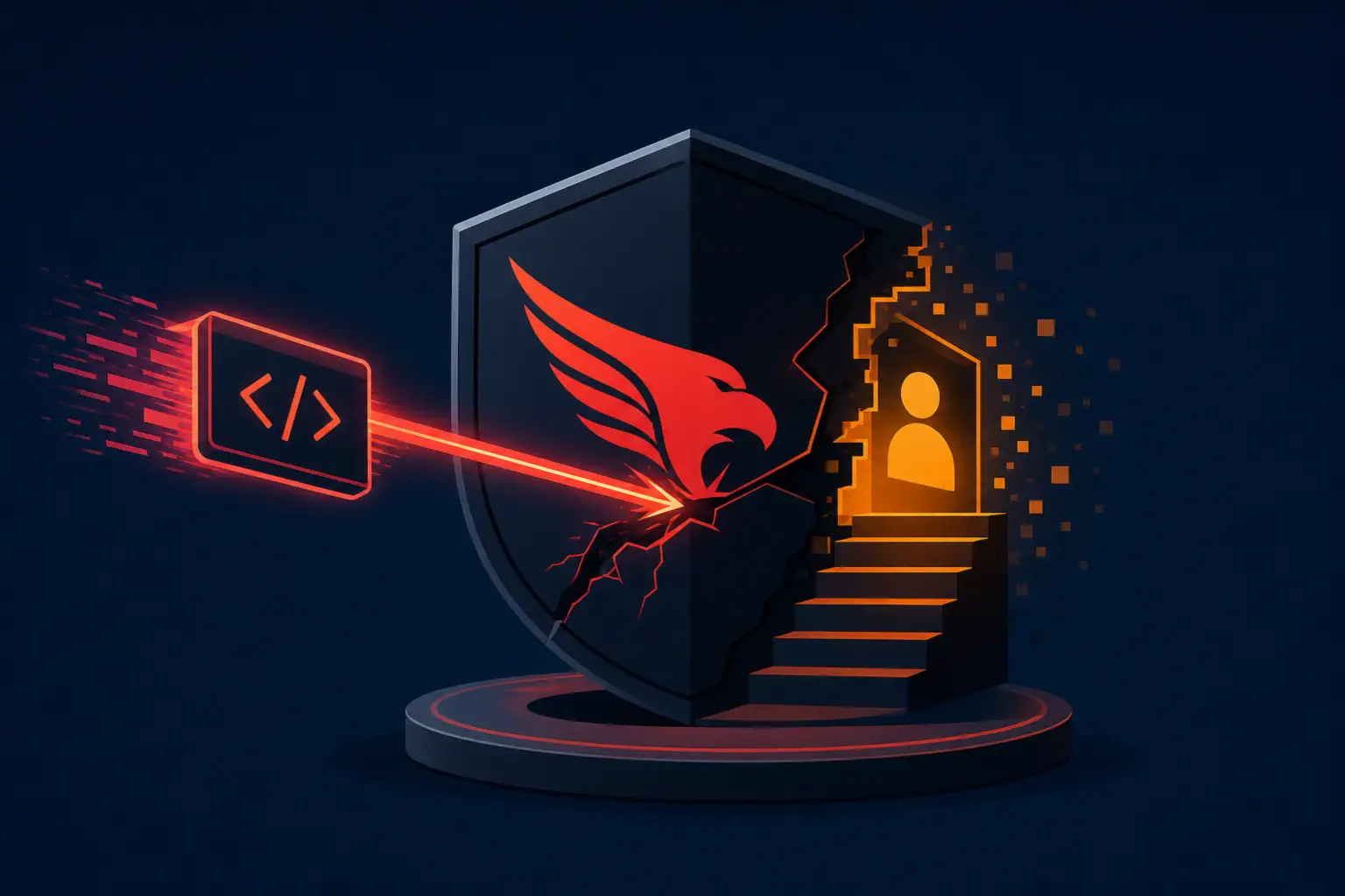 Escudo con un halcón y un símbolo de código, representando ciberseguridad.