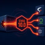 SonicWall device with a CVSS 10.0 threat indicator and icons representing vulnerabilities.