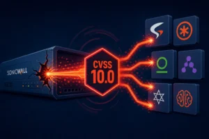 SonicWall device with a CVSS 10.0 threat indicator and icons representing vulnerabilities.