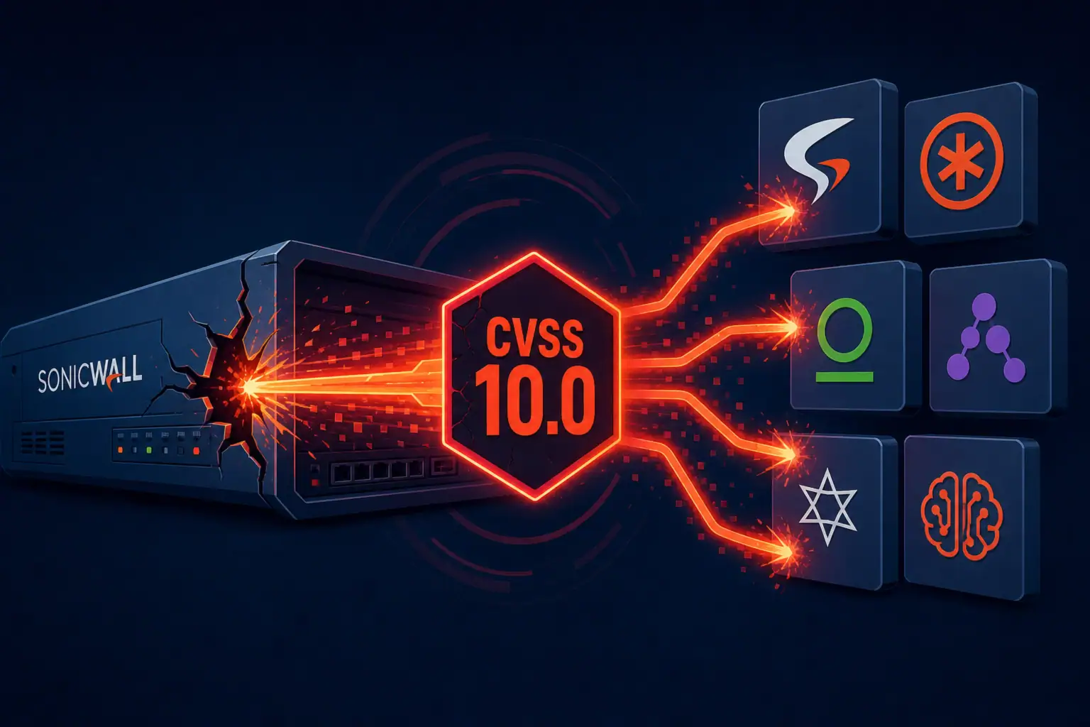 Representación de un dispositivo SonicWall con un CVSS 10 en rojo.