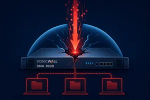 SonicWall SMA 1000 device depicted under attack with folders below.