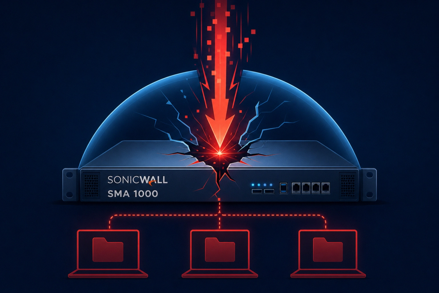 SonicWall SMA 1000 device depicted under attack with folders below.