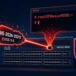 ** Graphic depicting Cisco Nexus 9000 vulnerabilities and security alerts.