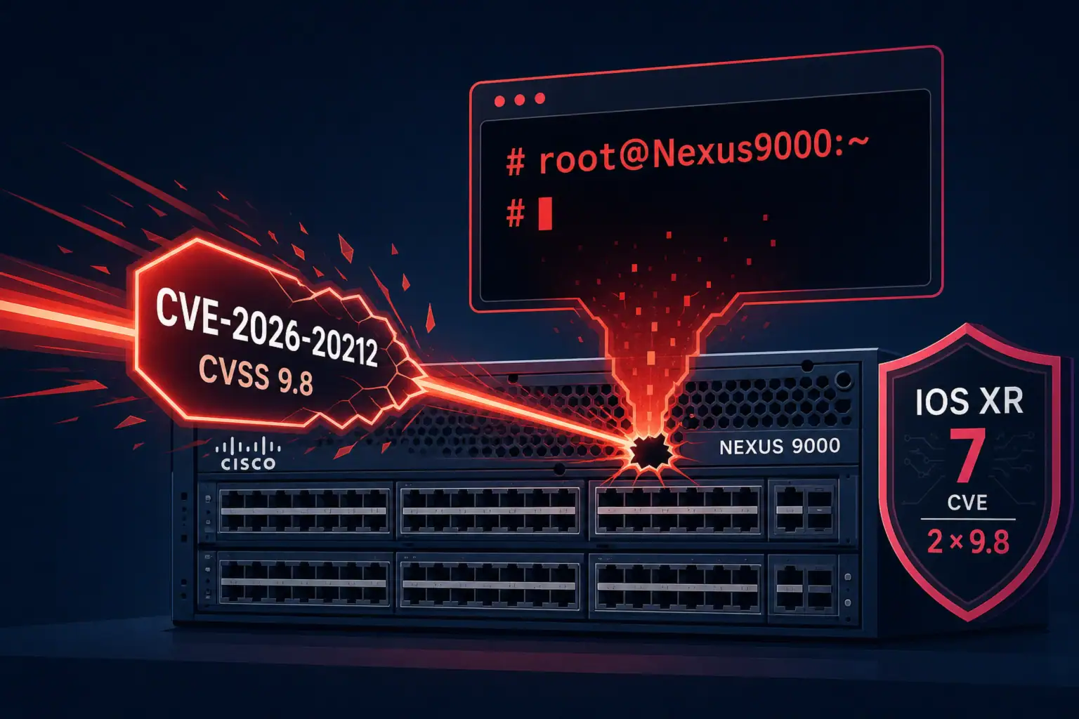 Vulnerabilidades en equipos Cisco Nexus 9000 y IOS XR destacadas gráficamente.