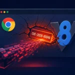 Graphic illustrating Chrome CVE-2026-85046 with V8 logo and error message.