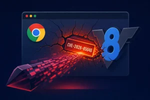 Graphic illustrating Chrome CVE-2026-85046 with V8 logo and error message.