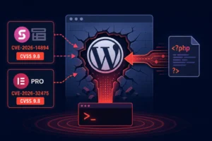 WordPress logo breached by codes, highlighting vulnerabilities in plugins.