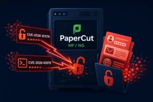 Graphic illustrating vulnerabilities in PaperCut MF/NG software.