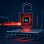 Illustration of a MikroTik router with a security vulnerability theme.